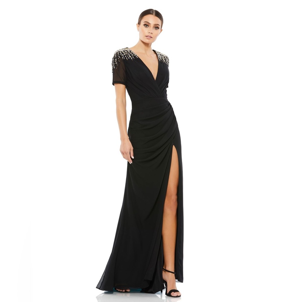 $498 SZ 10 Ieena for Mac Duggal 55704 Beaded Shoulder Ruched Slit Dress